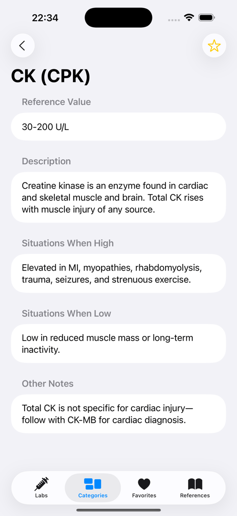 LabRef - Interpretazione clinica dei valori di laboratorio CK CPK nell'app medica LabRef