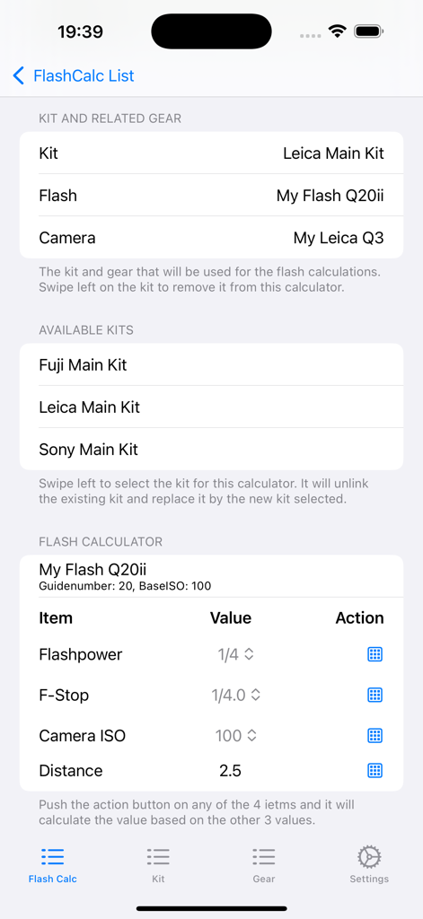 Manual Flash Calculator - Manual Flash Calculator app interface displaying camera kits and flash exposure parameters