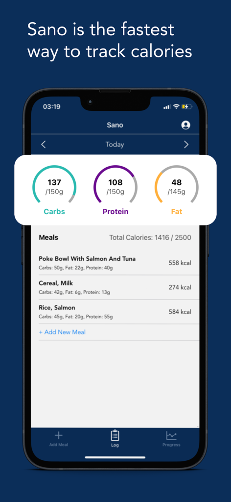 Sano: Photo Calorie Tracking - Sano app interface showing daily calorie intake and macronutrient progress for carbs protein and fat