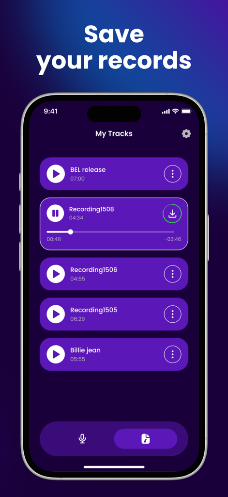 Magic AI Voice Changer - A smartphone interface showing a list of saved audio recordings in the Magic AI Voice Changer app