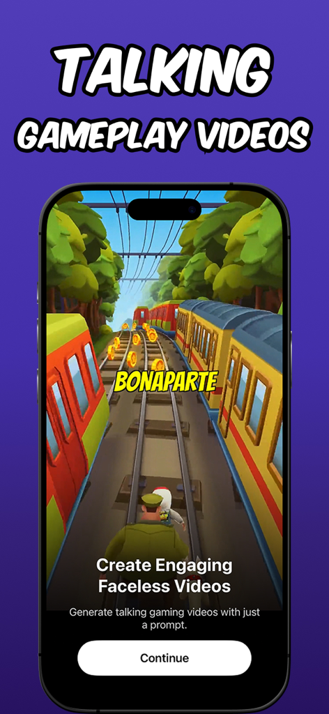 Faceless - AI Video Generator - Smartphone interface of Faceless AI app showing a talking gameplay video feature for social media shorts