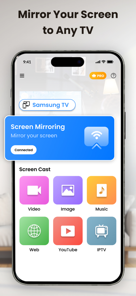 Smart View TV Screen Mirroring - Interfaccia dell'app Smart View TV Screen Mirroring su iPhone che mostra le opzioni per trasmettere immagini video e musica su una smart TV