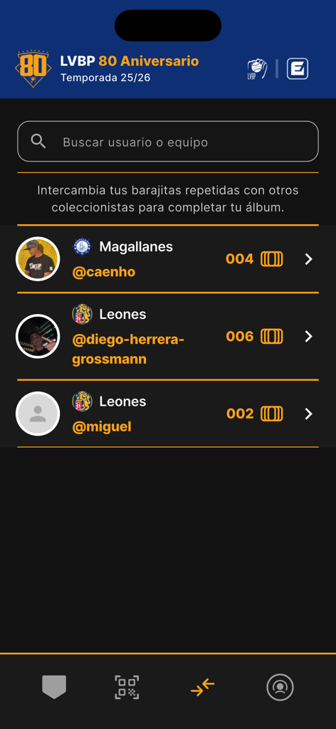 LVBP 80 - Interfaz que muestra una lista de usuarios para intercambiar cartas coleccionables digitales de béisbol en la aplicación LVBP 80