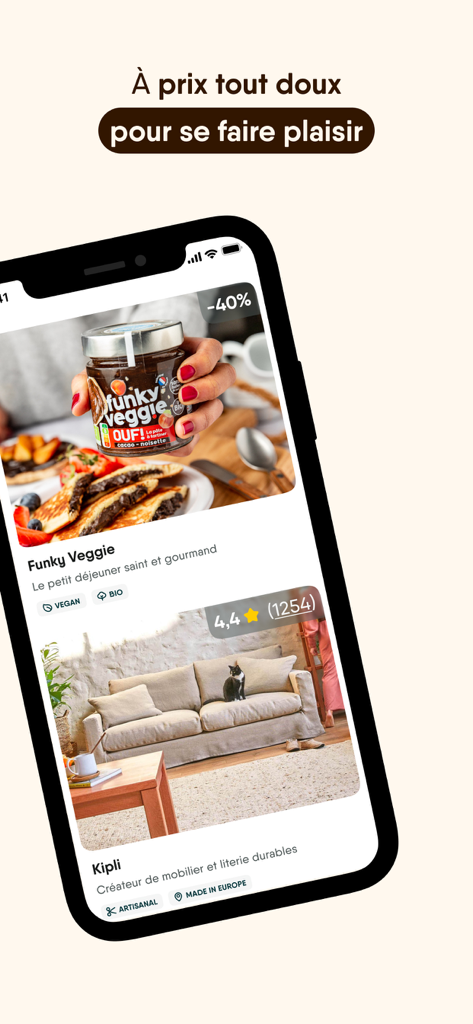 A mobile phone screen showing the Toasty app with flash sales on sustainable food and furniture brands like Funky Veggie and Kipli