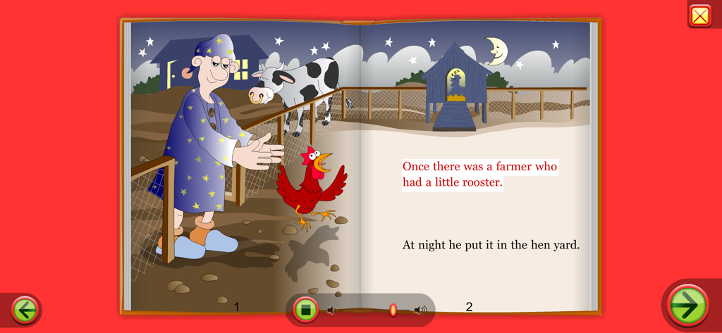 Starfall I am Reading 앱의 디지털 스토리북 페이지로, 그림으로 된 농부와 빨간 수탉이 특징입니다.