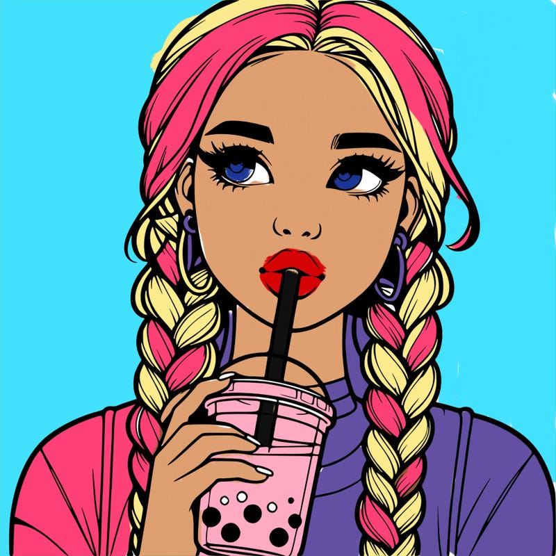 realistic girl with braided hair drinking boba