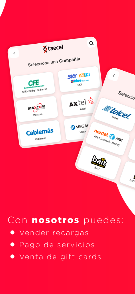 TAECEL - Interface de l'application TAECEL affichant les fournisseurs de services pour les paiements de factures et les recharges mobiles