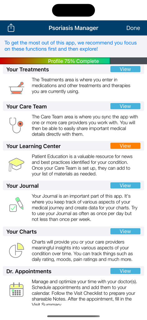 Psoriasis Manager app dashboard displaying options for treatments care team learning center and health journal