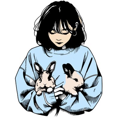 realistic girl with messy bunny baggy sweatshirt and holding bunnies