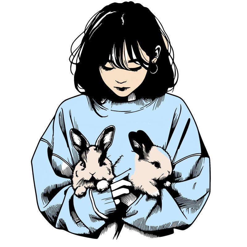 realistic girl with messy bunny baggy sweatshirt and holding bunnies
