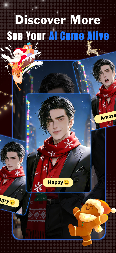 Cycle AI: Talk With AI Friends - Cycle AIアプリで、お祭りのクリスマスのテーマで、幸せや怒りを含むさまざまな感情を示すアニメスタイルの男性AIキャラクターのショーケース