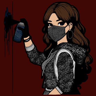 realistic girl with mask spray painting a wall