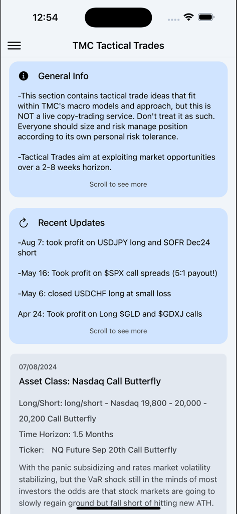 The Macro Compass - Tactical trades section of The Macro Compass app showing market updates and trade analysis.