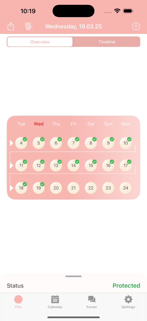 BC Pill Reminder app showing a digital blister pack with taken pills marked by green checkmarks.