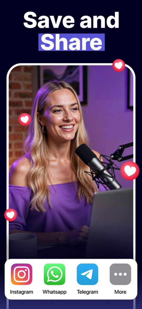 Dub AI: Video, Voice Changer - Interface of Dub AI showing options to save and share content on social media apps like Instagram and WhatsApp