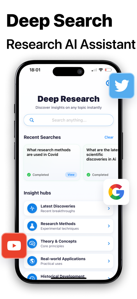 Deep Research AI Assistant - Deep Research AI Assistant home screen showing the search interface and various research categories