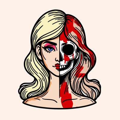 bust of a woman, half face and hair, half skull