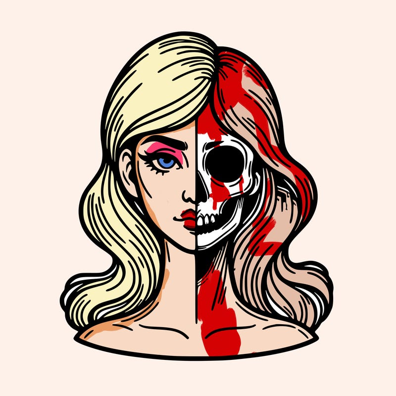 bust of a woman, half face and hair, half skull