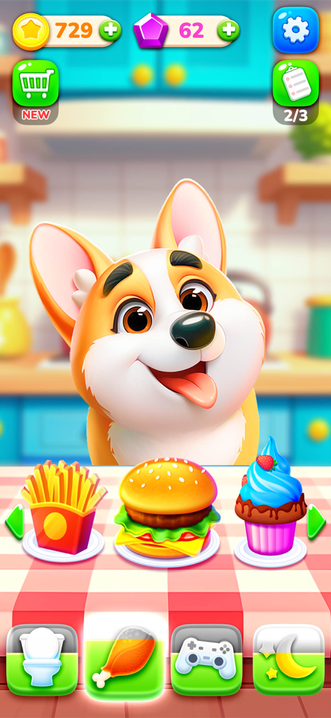 Jugabilidad de Mi Perro Virtual Archie mostrando la interfaz de alimentación de mascotas con una hamburguesa y papas fritas.
