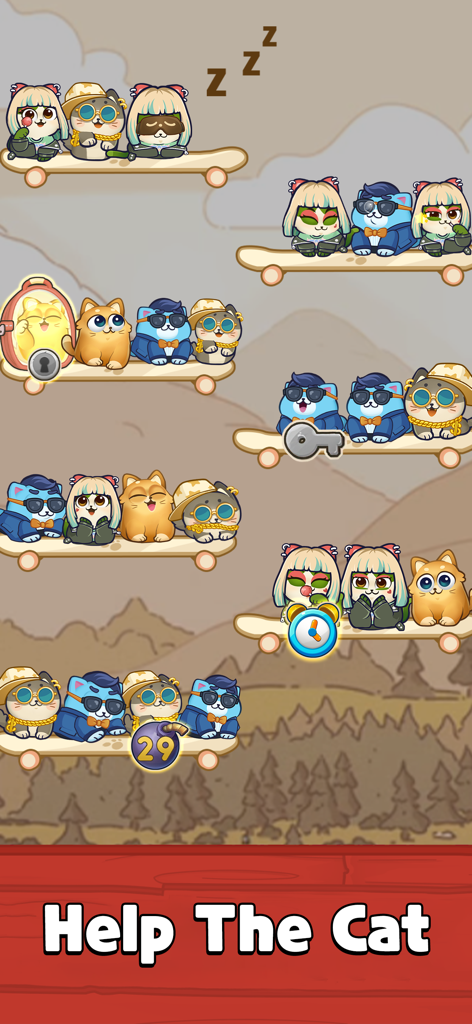 スケートボードに乗った様々​​なかわいい色の猫たちが登場する、ソートパズルレベルのゲームプレイ画面。