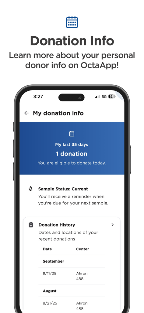 OctaApp mobile screen displaying donor eligibility status and plasma donation history