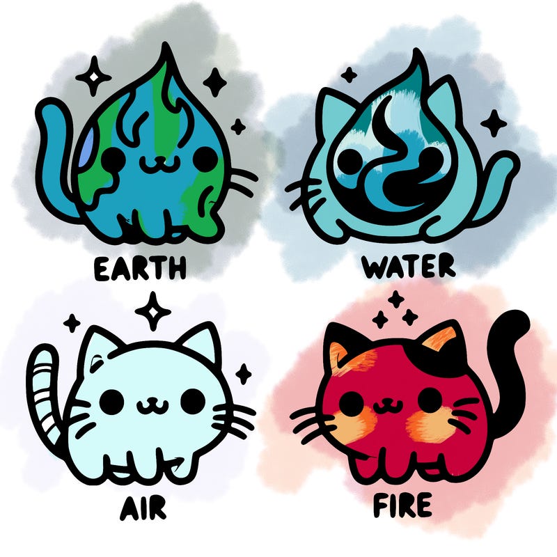 4 cats that represent the different elements, earth, water, air, and fire