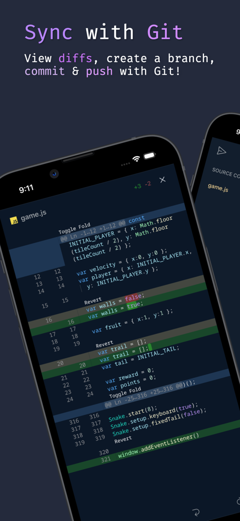 Spck Editor mobile app showing code diffs and Git synchronization features.