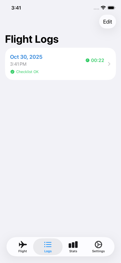 My Drone Log Books - The flight logs screen of the My Drone Log Books app showing a list of past drone flights.