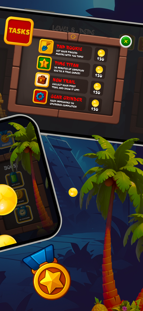 Ostec Crumble - Ostec Crumble tasks menu showing various achievements and coin rewards in a tropical jungle setting