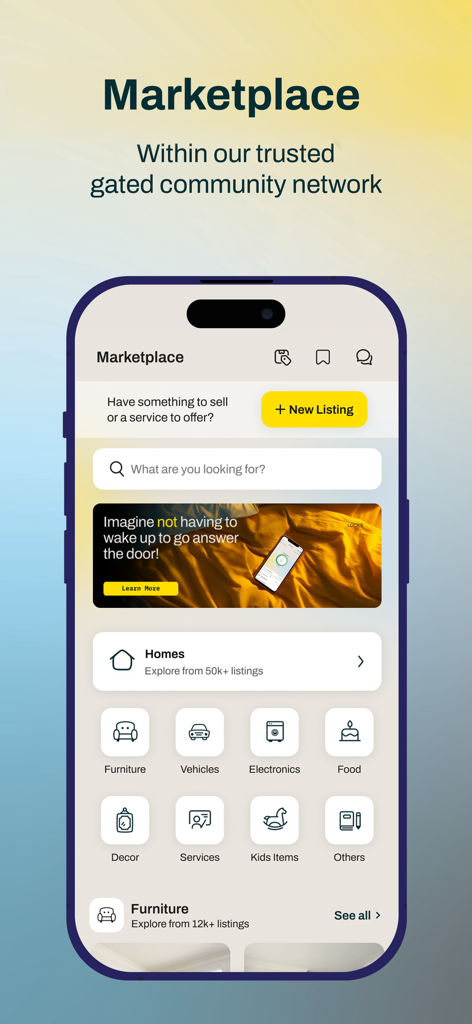 Mygate Premium - 로컬 커뮤니티 매물 카테고리를 보여주는 Mygate Premium 마켓플레이스 인터페이스.