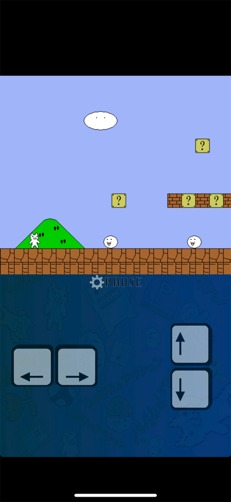 Syobon Action - Gameplay of Syobon Action showing the white cat character in a pixelated platformer level with mobile touch controls.