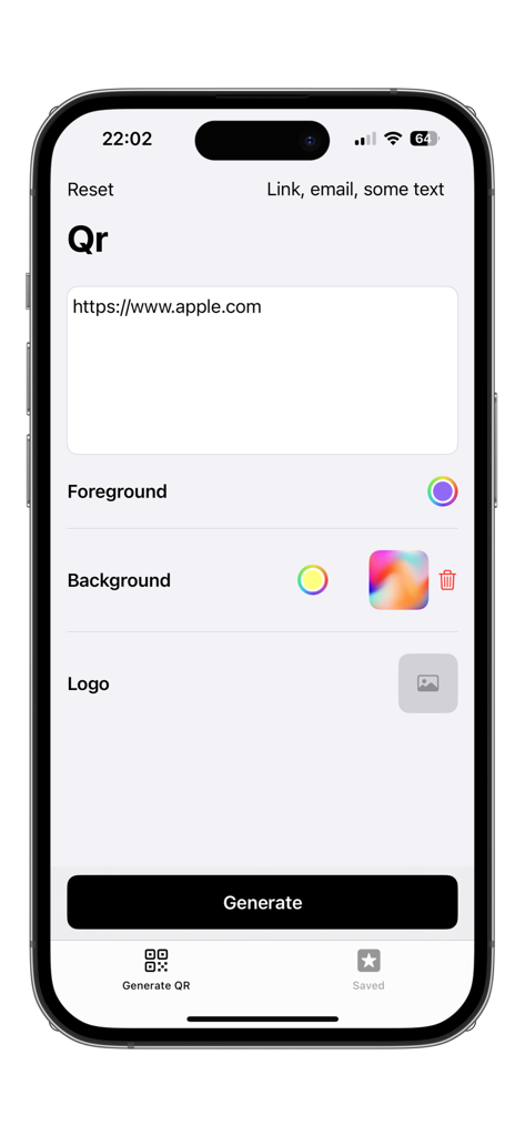 My QR - Interface de l'application My QR sur iPhone montrant des options pour personnaliser un code QR avec des couleurs et un logo.