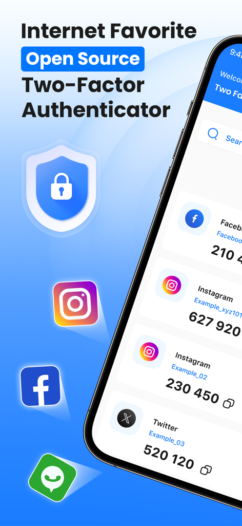 Two factor authenticatorアプリの画面。ソーシャルメディアプラットフォームの安全なログインコードが表示されています。