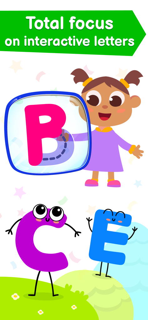 Kids ABC Phonics Tracing Games - Una niña caricaturizada trazando la letra B junto a personajes animados del abecedario