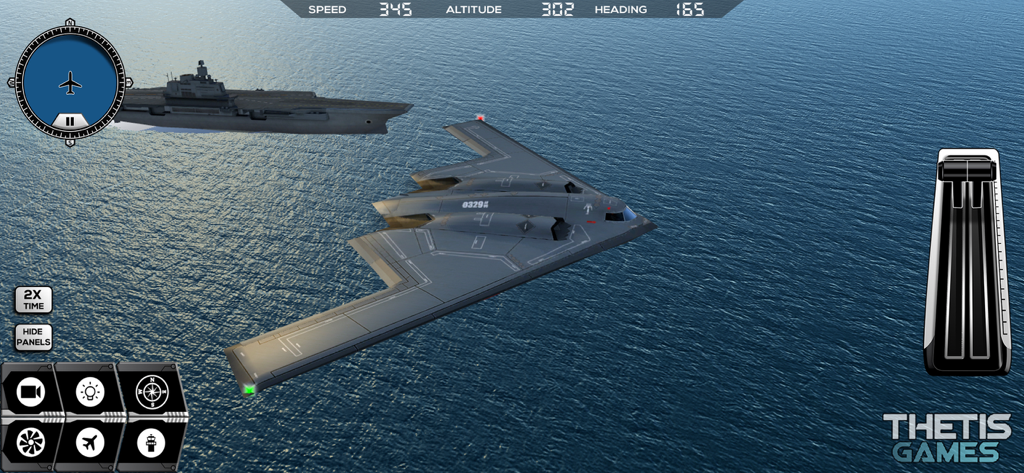 Flight Simulator FlyWings 2017 - A stealth bomber flying over the ocean near an aircraft carrier in the Flight Simulator FlyWings 2017 app