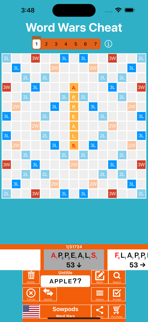 Word Wars Solver - Word Wars Solver app interface showing word suggestions with scores on a board game grid
