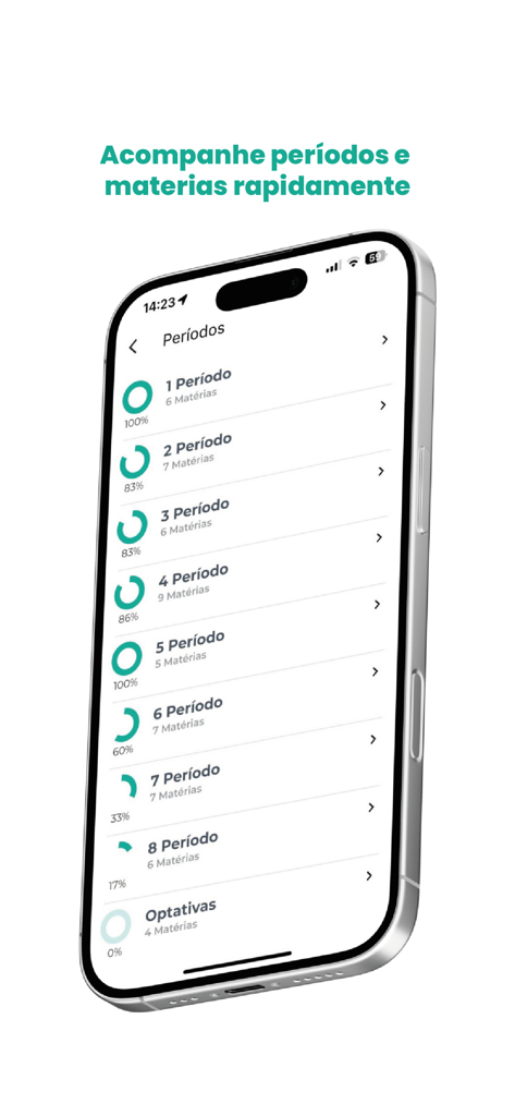 Aplicativo UNIFAA exibindo períodos acadêmicos e progresso do curso