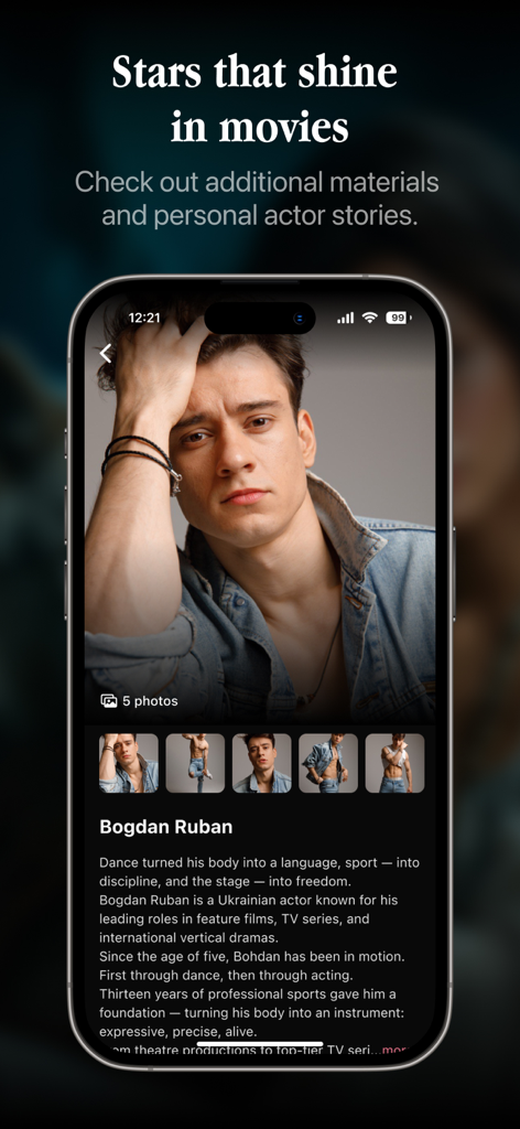 Página de perfil de actor en la aplicación DramaShorts mostrando una galería de fotos y biografía de Bogdan Ruban