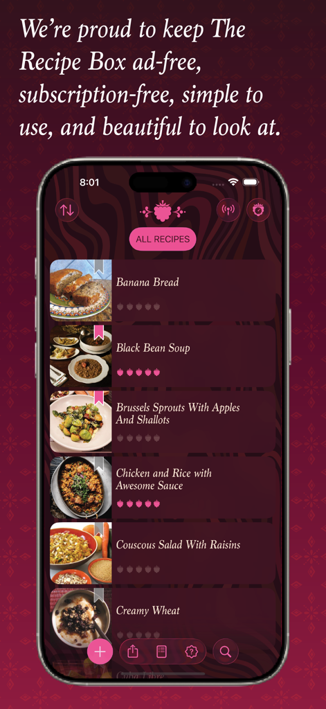 Pantalla de iPhone que muestra una lista de recetas guardadas en la aplicación The Recipe Box To Go con una interfaz de color granate oscuro y rosa.