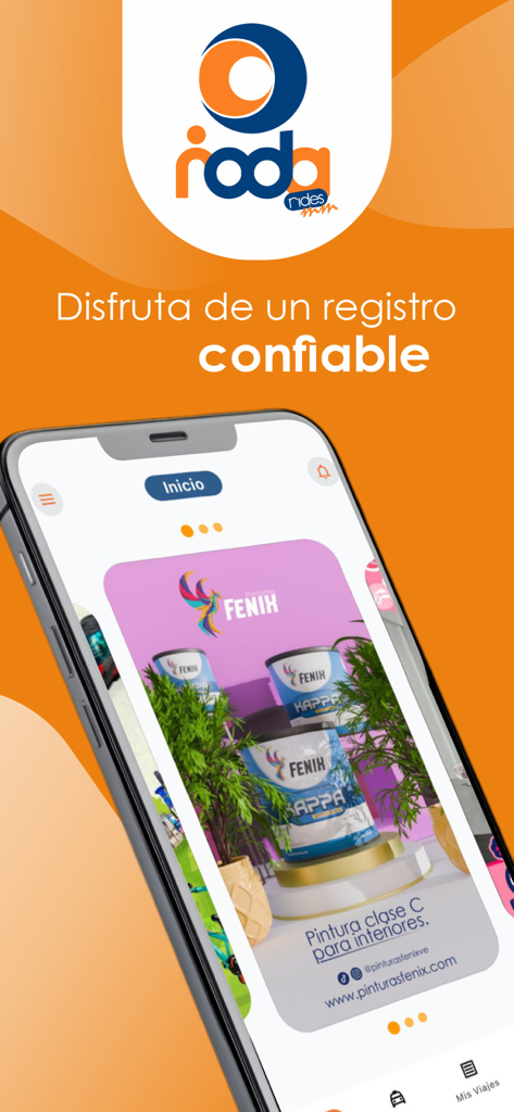 Roda Rides - Roda Rides app interface displaying the slogan Enjoy a reliable registration in Spanish with a mobile phone showing promotional content