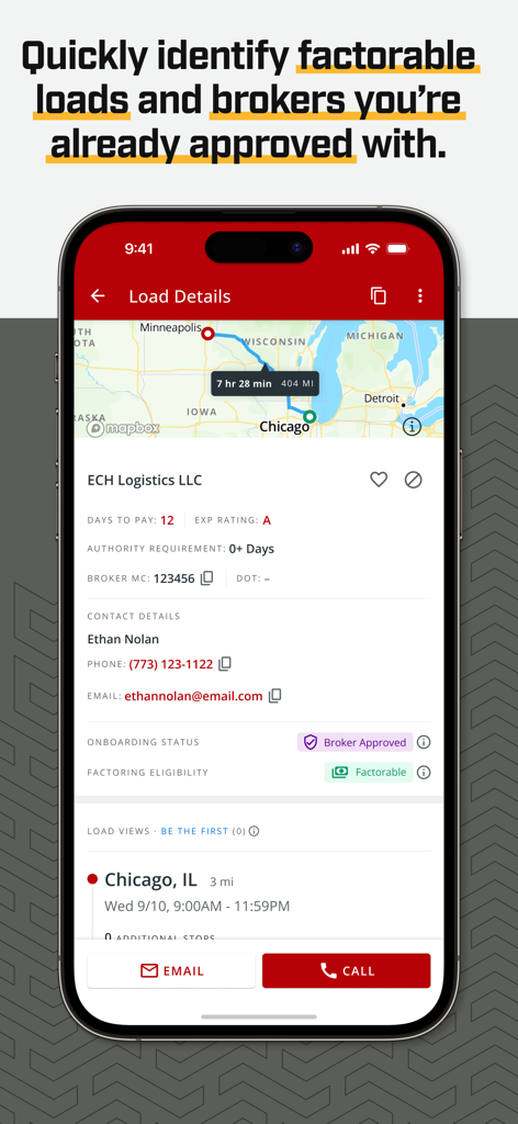 Truckstop Go - Truckstop Go mobile app screen showing load details with a route map between Minneapolis and Chicago and broker approval status