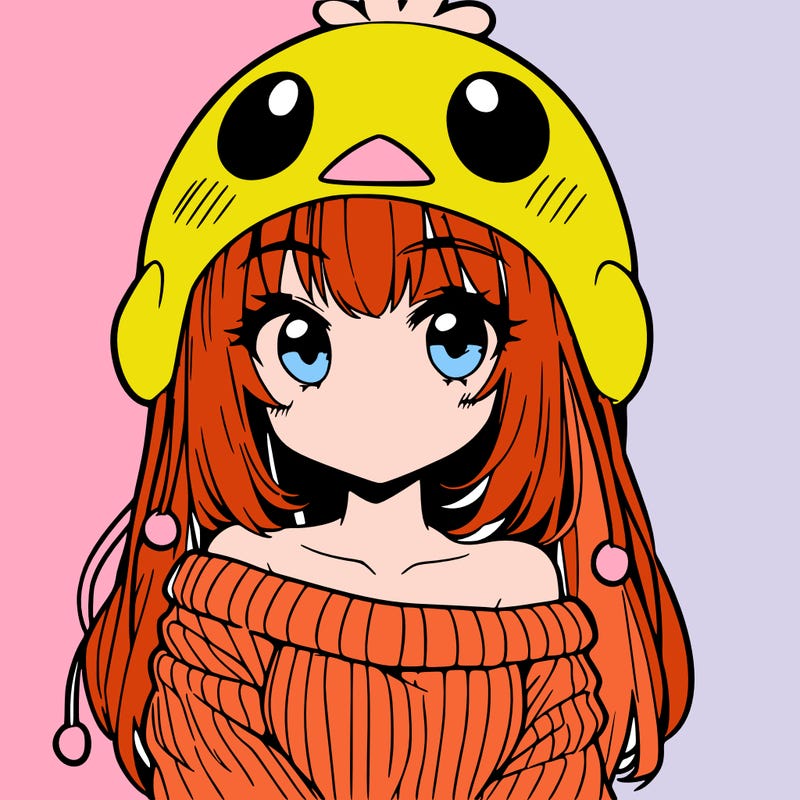 anime girl with chick shaped hat with sweater with bare shoulders with bangs covering them one eye with low tail