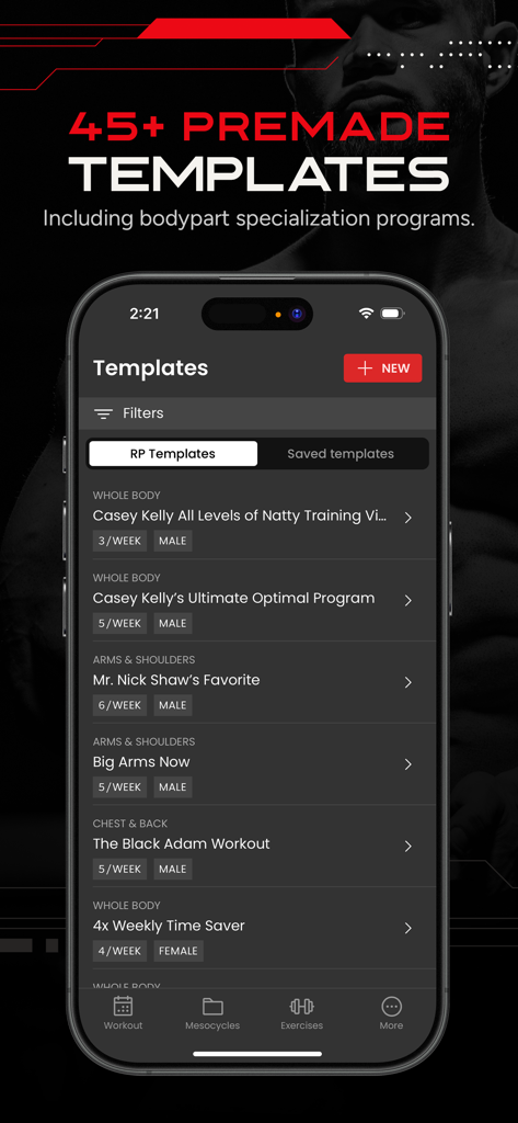 RP Hypertrophy - The RP Hypertrophy app interface displaying a list of premade training templates and workout programs.