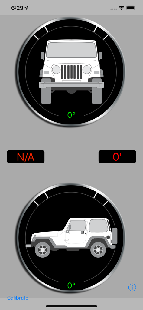 Tiltometer - Tiltometer app dashboard showing pitch and roll indicators for off-road vehicles
