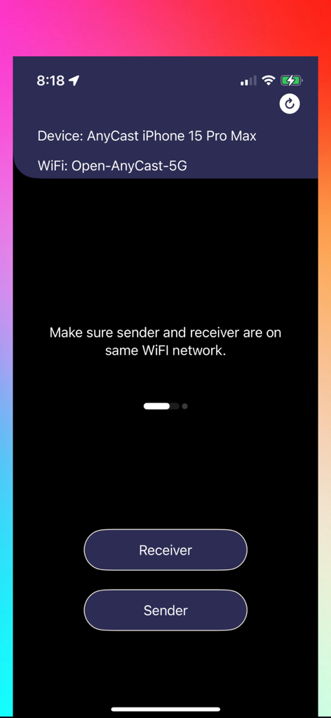 Any Cast - Any Cast app interface showing Sender and Receiver selection buttons for local Wi-Fi screen mirroring on an iPhone.