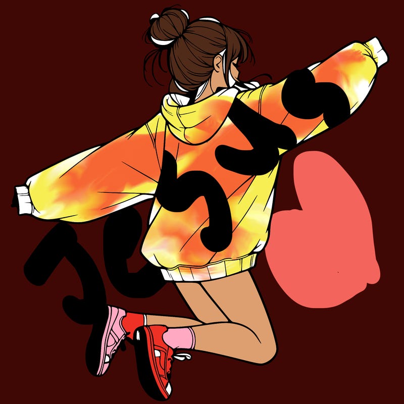 realistic girl jumping with a bun and oversized sweatshirt