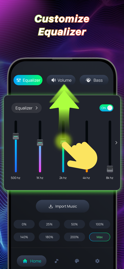 Volume Booster Bass Equalizer - Interfaccia utente per personalizzare le impostazioni dell'equalizzatore nell'app Volume Booster, mostrando cursori di frequenza e preset di volume.