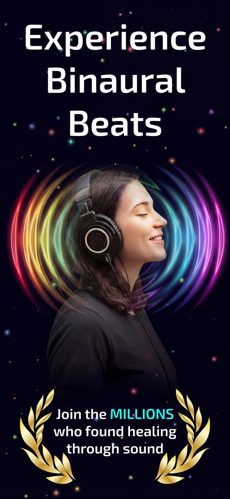 NeuroPulse: Binaural Beats - A woman wearing headphones with vibrant rainbow sound waves experiencing binaural beats