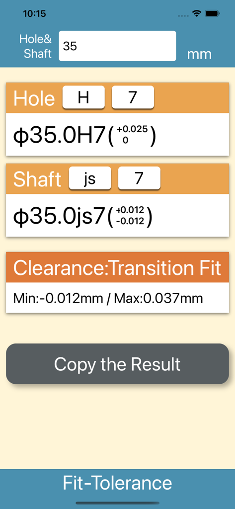 Fit Tolerance Calculator interface showing H7 hole and js7 shaft results for a 35mm diameter