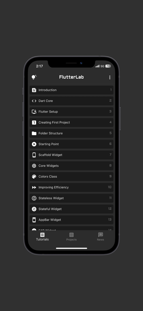 Una lista de capítulos de tutoriales de desarrollo de Flutter y Dart dentro de la aplicación móvil FlutterLab Pro